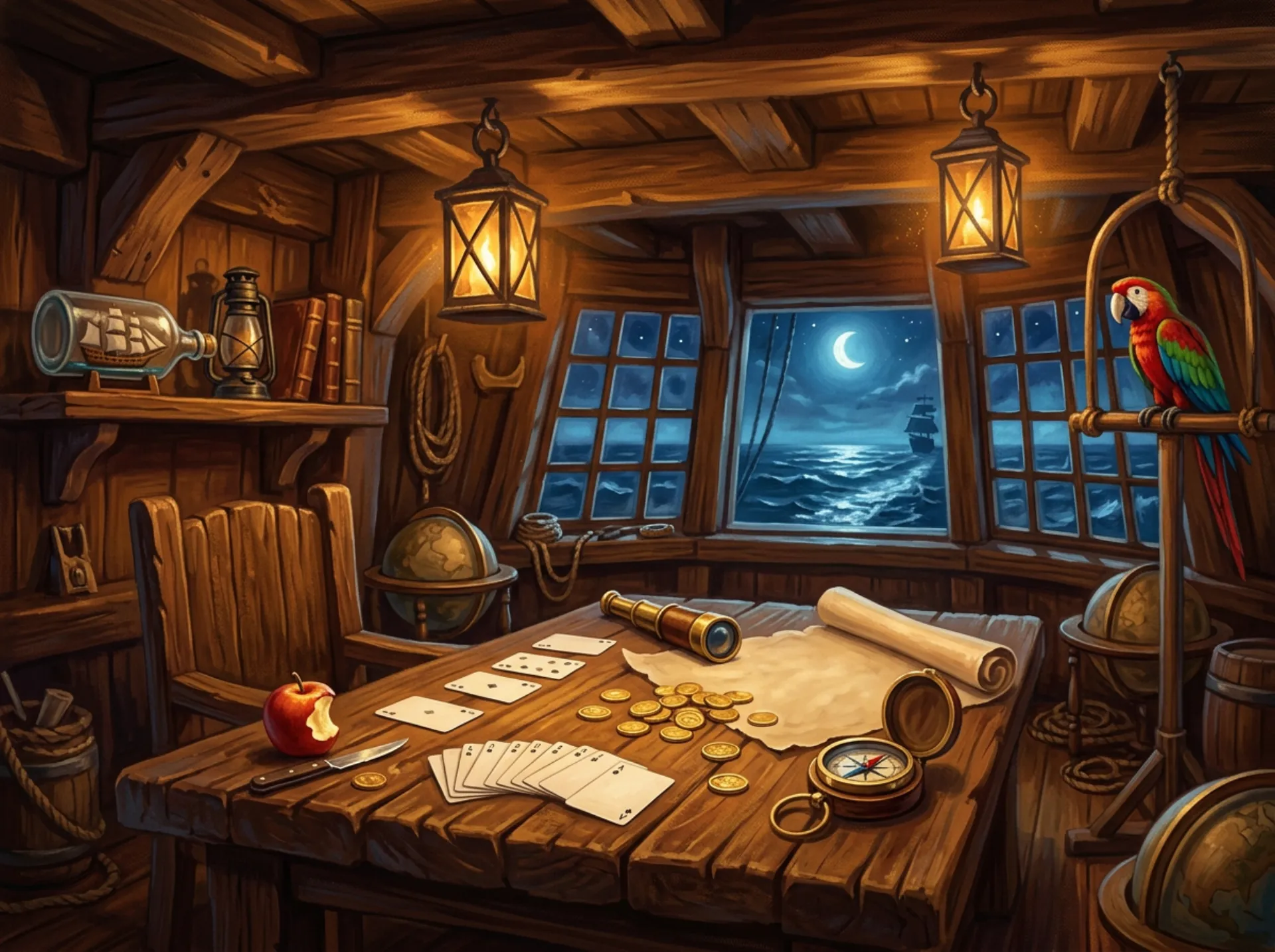 A lantern-lit captain's cabin: playing cards and gold coins on an oak table, a brass spyglass, a compass, a bitten apple, a ship in a bottle on the shelf, a red macaw on its perch, and moonlit sea through the stern windows.