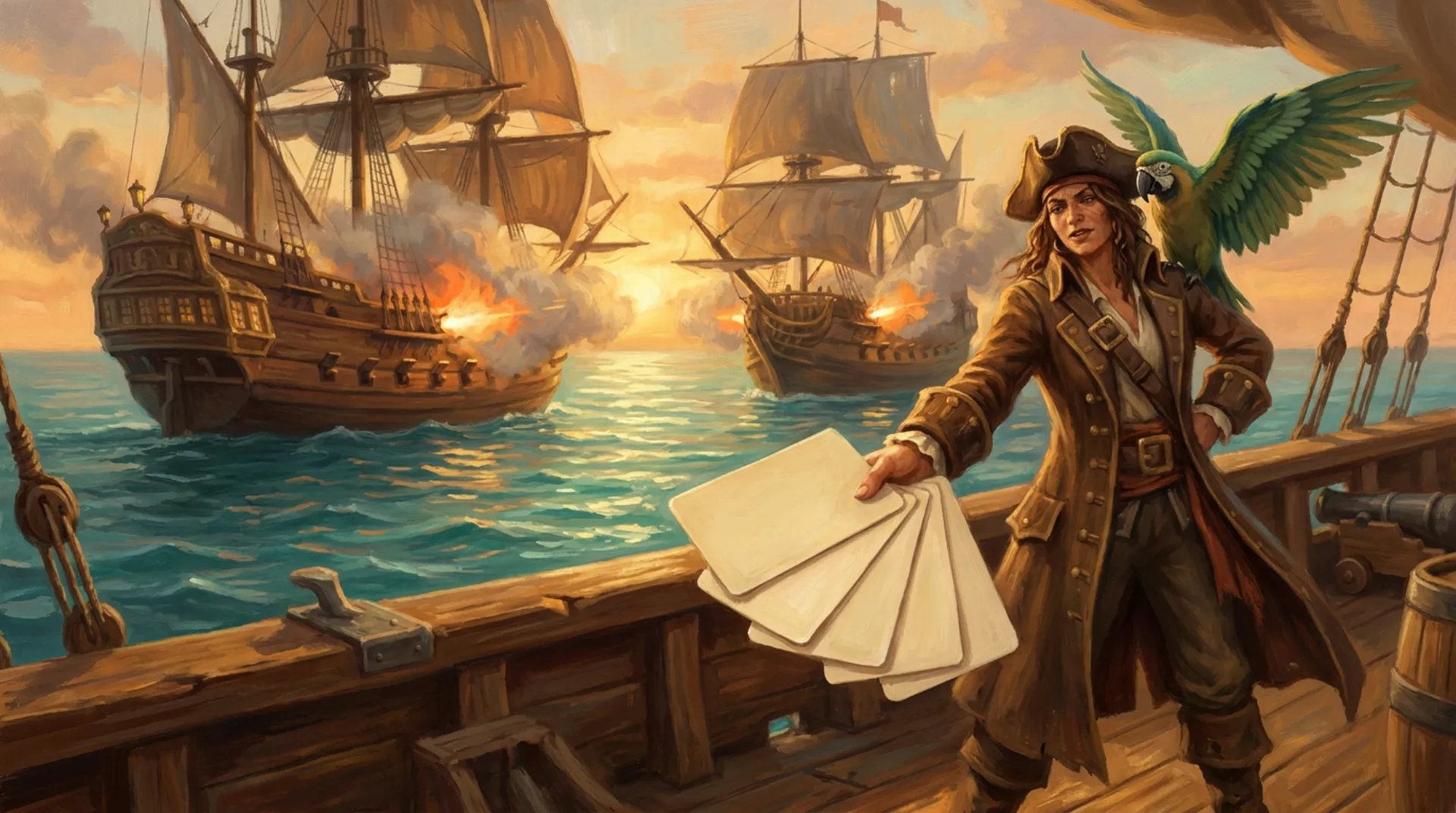 A swaggering pirate captain with a macaw on her shoulder fans a hand of blank playing cards toward you on deck while two galleons trade cannon fire at sunset.